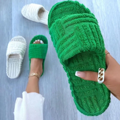 Peep Toe Thick Sole Women Slippers Green Corduroy Flat