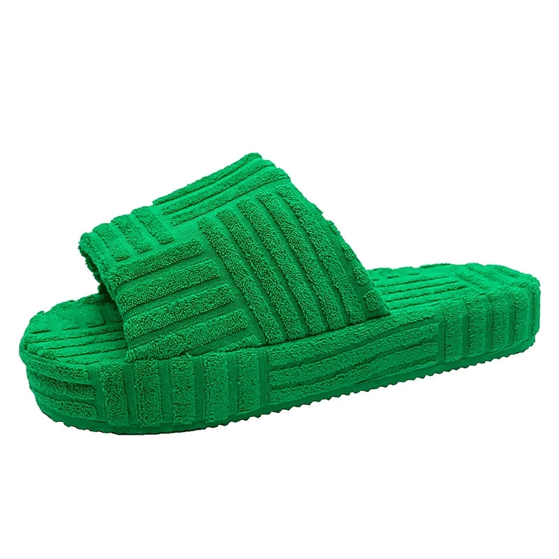 Peep Toe Thick Sole Women Slippers Green Corduroy Flat