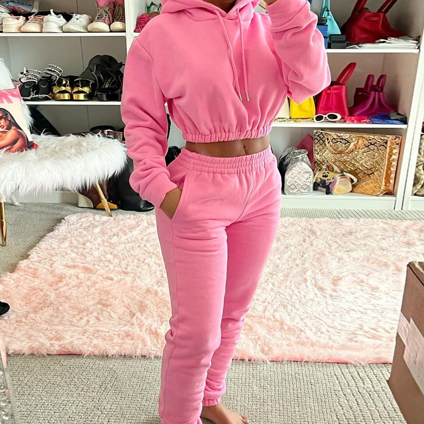 Winter Women's Hood Tracksuit Sweatsuit Set Solid Color Nude Velvet