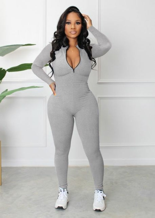 Women's Yoga Jumpsuits Workout Ribbed Long Sleeve Front Zip Sport One