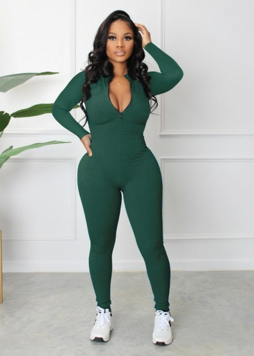 Women's Yoga Jumpsuits Workout Ribbed Long Sleeve Front Zip Sport One