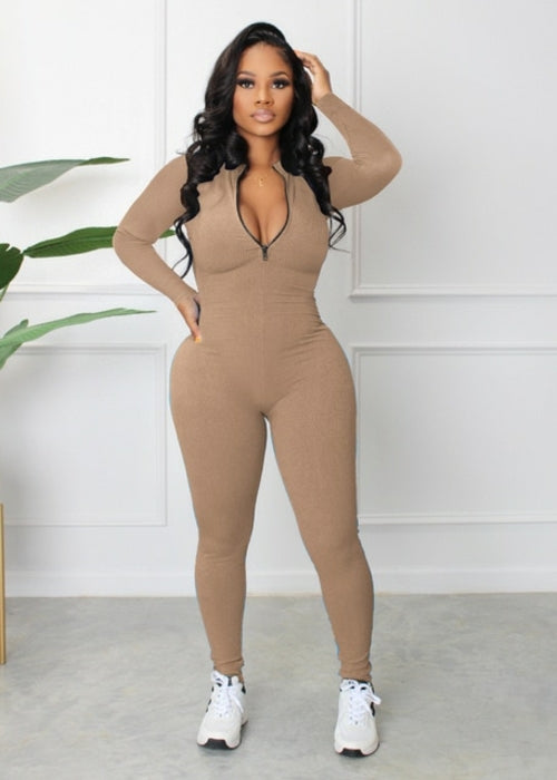 Women's Yoga Jumpsuits Workout Ribbed Long Sleeve Front Zip Sport One