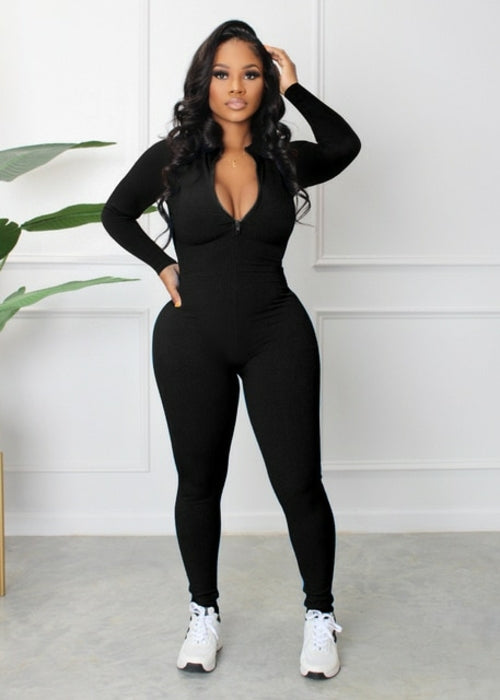 Women's Yoga Jumpsuits Workout Ribbed Long Sleeve Front Zip Sport One