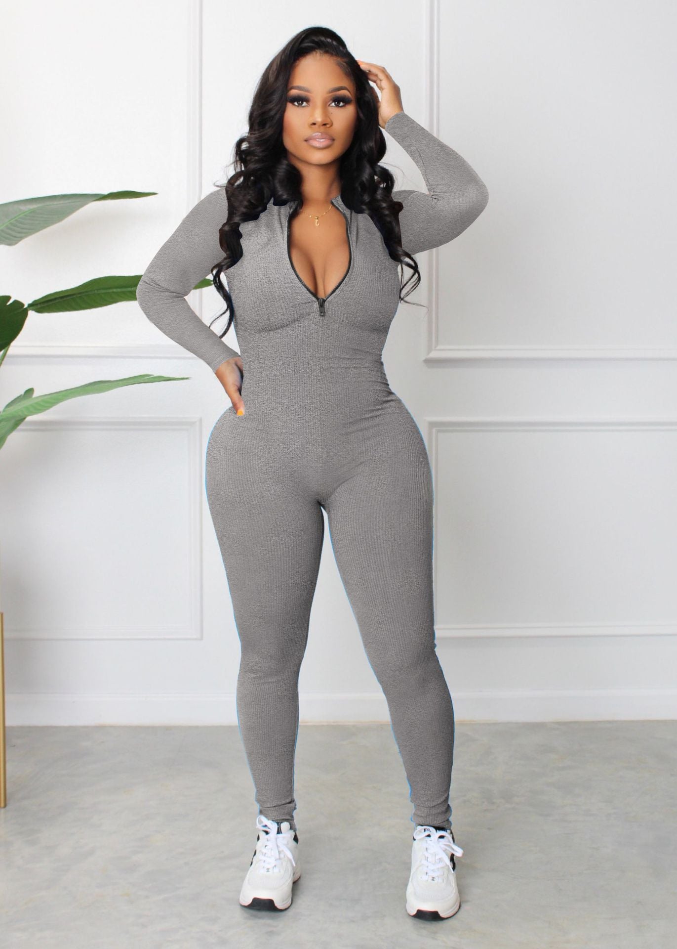 Women's Yoga Jumpsuits Workout Ribbed Long Sleeve Front Zip Sport One