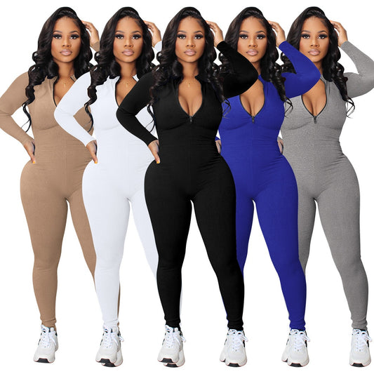 Women's Yoga Jumpsuits Workout Ribbed Long Sleeve Front Zip Sport One