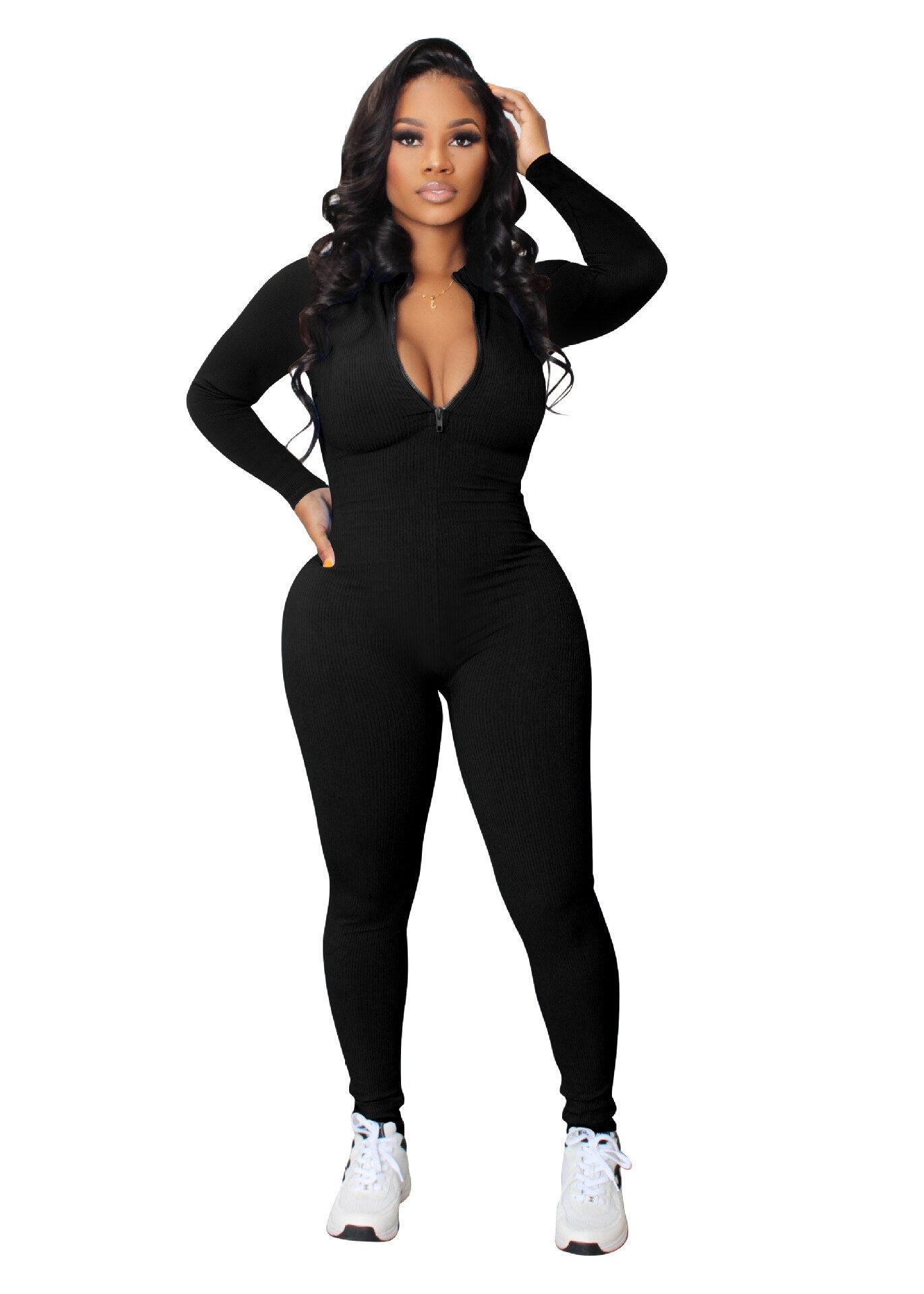 Women's Yoga Jumpsuits Workout Ribbed Long Sleeve Front Zip Sport One